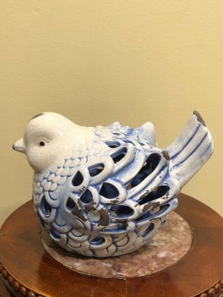 Large 8 " Vintage Ceramic Blue Bird Figurine Tea Light Battery Candle Lantern