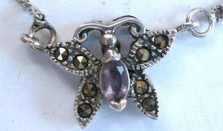 Beauty Vintage Sterling Amethyst Butterfly Art Deco Marcasite Necklace Signed Tc