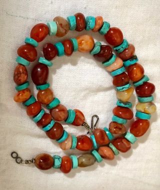 Vintage 1980s Natural Turquoise & Carnelian Stone Bead Necklace Native American