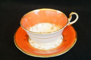 Vtg Aynsley C 1515 Burnt Orange? Tea Cup & Saucer Set,  Pink Roses,  Gold Trim.