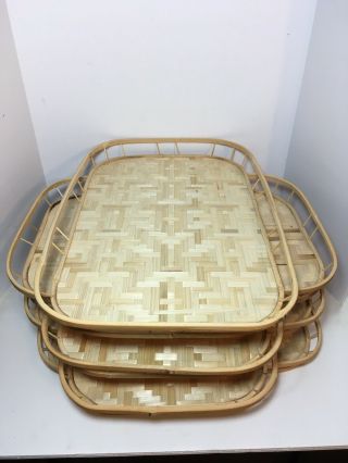 6 Vintage Bamboo Woven Rattan Wicker Lap Tiki Bar Serving Trays 19 X 13