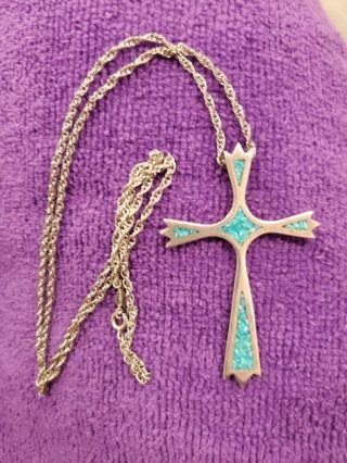 Vintage Sterling Silver And Turquoise Cross Pendant 925 El Sterling Chain