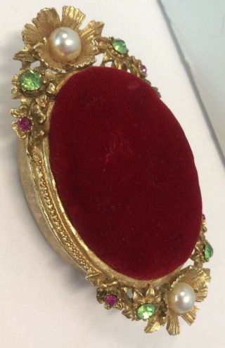 Vintage Florenza Signed Mini Flower Domed Metal Trinket Jewelry Box Red Velvet