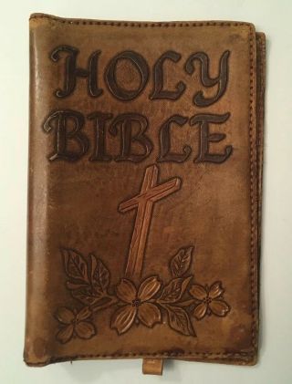 Vintage Leather Bible Cover Hand Tooled 1950s Cover 10 X 7.  5 "