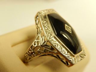 Sterling Black Onyx Diamond Ring Filigree Shank Sz 7 1/4 Vintage Long Ornate