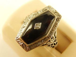 Sterling BLACK ONYX DIAMOND RING Filigree Shank Sz 7 1/4 Vintage LONG Ornate 2