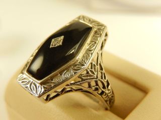 Sterling BLACK ONYX DIAMOND RING Filigree Shank Sz 7 1/4 Vintage LONG Ornate 3