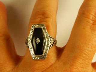 Sterling BLACK ONYX DIAMOND RING Filigree Shank Sz 7 1/4 Vintage LONG Ornate 6