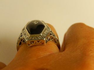 Sterling BLACK ONYX DIAMOND RING Filigree Shank Sz 7 1/4 Vintage LONG Ornate 8
