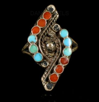 Rustic Old Pawn Vintage Navajo Sterling & Snake Eye Coral Turquoise Ring Sz 7