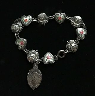 Vintage Sterling Silver Religious Floral Link Bracelet 7 1/4 " 14.  4g M008