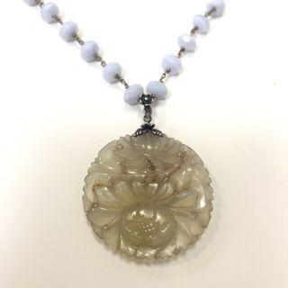 Sage Machado Vintage Carved Jade Pendant On Beaded 15.  5 Sterling Silver Necklace