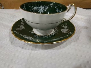 Aynsley Vintage Cup & Saucer Hunter Green With White Cabbage Roses