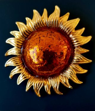 Large Vintage Textured Goldtone Sunflower Sunburst Pin Brooch