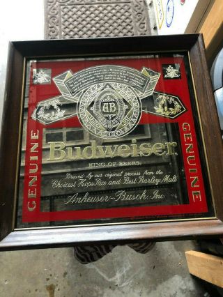 Vintage Budweiser Beer Mirror With Wooden Frame 15 " X 15 "