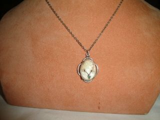Vintage 10k White Gold Cameo Pendant & 17 - Inch Sterling Silver Necklace