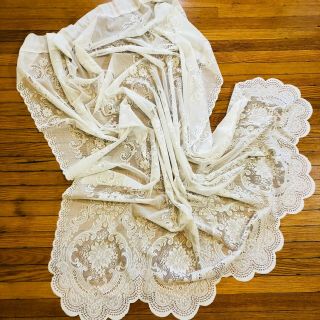 Vintage Lace Curtain Panel 54 " W 62 " L Scalloped Off White Flower Rod Pocket Usa
