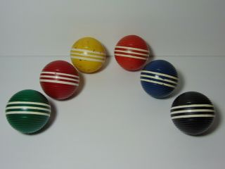 Old Vintage 1960s Set Of 6 Wood 3 Three Striped Ribbed Croquet Balls 6 Colors