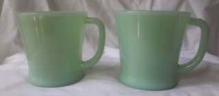 Pair Vintage Fire - King Green Jadeite Ovenware D - Handle Glass Mug Usa 14
