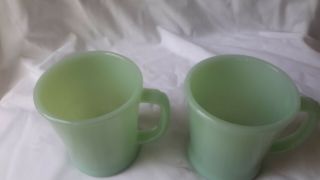 PAIR Vintage Fire - King Green Jadeite Ovenware D - Handle Glass Mug USA 14 2