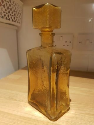 Dimpled Amber Empoli Bottle Textured With Cube Stopper 25x 11x 7cm Vintage Italy