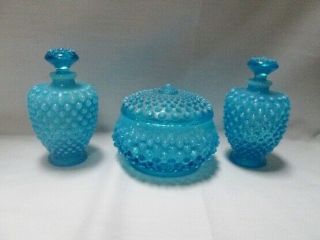 Vintage Fenton Hobnail Blue Opalescent Vanity/dresser Set Puff Box & Perfumes