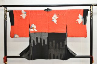 Vintage Silk Kimono Jacket:unique Black & Silver Tsunami Wave@yk51