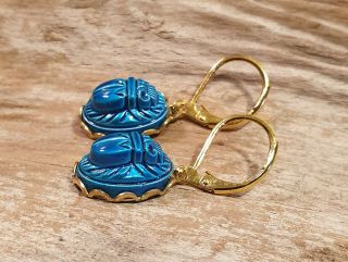 Vintage Egyptian Revival Style Blue Glass Scarab Cabochon Drop Earrings