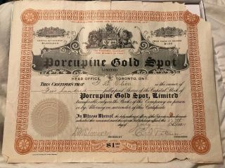 Porcupine Gold Spot Ltd - 500 Shares - Vintage - July 17 1911