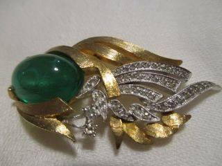 Vintage Signed Polcini Emerald Green And Paste Rhinestones Pin