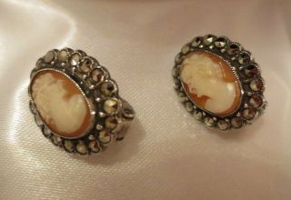 Solid Silver Cameo Carved Shell Marcasite Earrings Fabulous Clip Ons Vintage