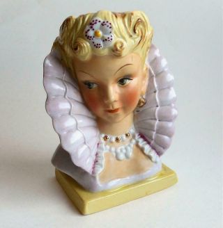 Vintage 6 " Ucagco Head Vase Lady With High Lavender Collar & Flower In Her Hair