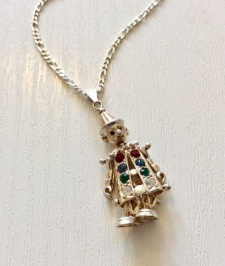 Lovely Ladies Vintage Solid Silver Gem Set Clown Pendant On Silver Chain