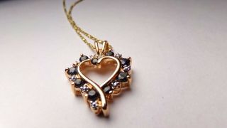 Vtg " R " 14k Yellow Gold Sterling Silver Blue Sapphire Stone Heart Necklace 19 "