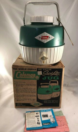 Vintage Coleman Green Snow Lite Jug Cooler 1 Gallon Diamond Emblem Logo With Cup