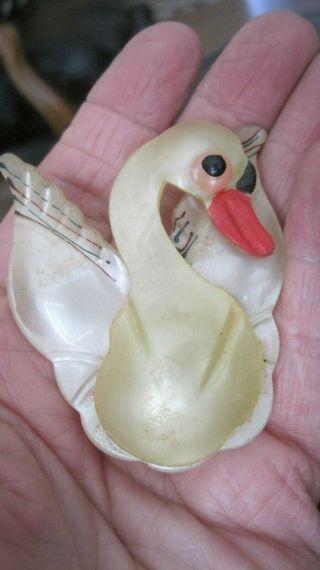 Vintage 1930s - 40s Celluloid Hand Painted Iridescent 2 Layer Swan Brooch/pin.