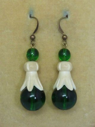 Vintage Art Deco Green Glass & Galalith Bead Earrings - To Match 1930s Necklaces