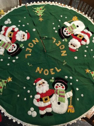 Vtg Handmade Bucilla Felt Sequins Christmas Tree Skirt W/ Pom Poms 42” Noel