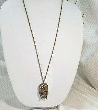 Vintage Boho Bronze Openwork Owl Pendant Long Necklace
