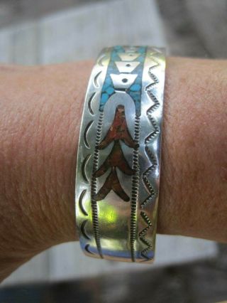 Vintage Native Navajo Sterling Silver Turquoise Mosaic Cuff Bracelet Signed Kw