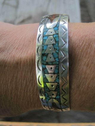 Vintage Native Navajo Sterling Silver Turquoise Mosaic Cuff Bracelet Signed KW 2