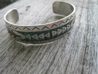 Vintage Native Navajo Sterling Silver Turquoise Mosaic Cuff Bracelet Signed KW 4