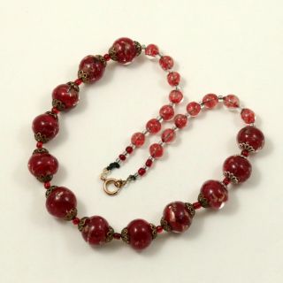 Vintage Venetian Murano Red Sommerso Aventurine Glass Beads Necklace Art Deco