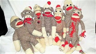 7 Vtg Handmade Red Heel Sock Monkey Plush Animal Doll Hat Bow Pom - Pom Folk Art