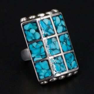 Vtg Sterling Silver Navajo Crushed Turquoise Inlay Statement Ring Size 6 - 15.  5g