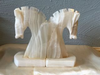 2 Vntg Ornate Hand - Carved Italian Alabaster Marble Art Deco Horse Head Book Ends