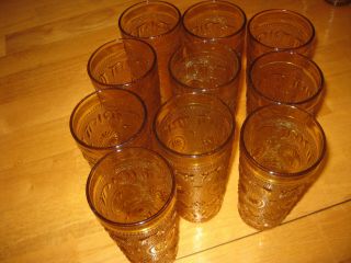 Set Of 10 Vintage Indiana Glass Amber Pin Wheel 6.  5 " Drinking Tumblers Glasses