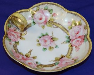 Vintage Nippon 5 3/4 " Handled Nappy Nut Candy Dish Pink Roses Beaded Trim