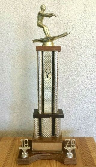 Vintage 1st Place 1970s Gold Metal Water Ski Trophy Award - 1979 Texas Skier 20 "