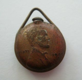 Vintage Miniature Folk Art Canteen Charm Fob Made From A One Cent Penny Coin